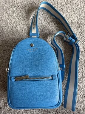 kate spade Bright Blue Pebbled Leather Mini Backpack with Striped Strap
